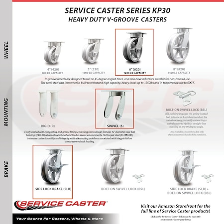 Service Caster 6 Inch Kingpinless V Groove Semi Steel Wheel Swivel Caster Set with Brakes SCC SCC-KP30S620-VGR-SLB-4